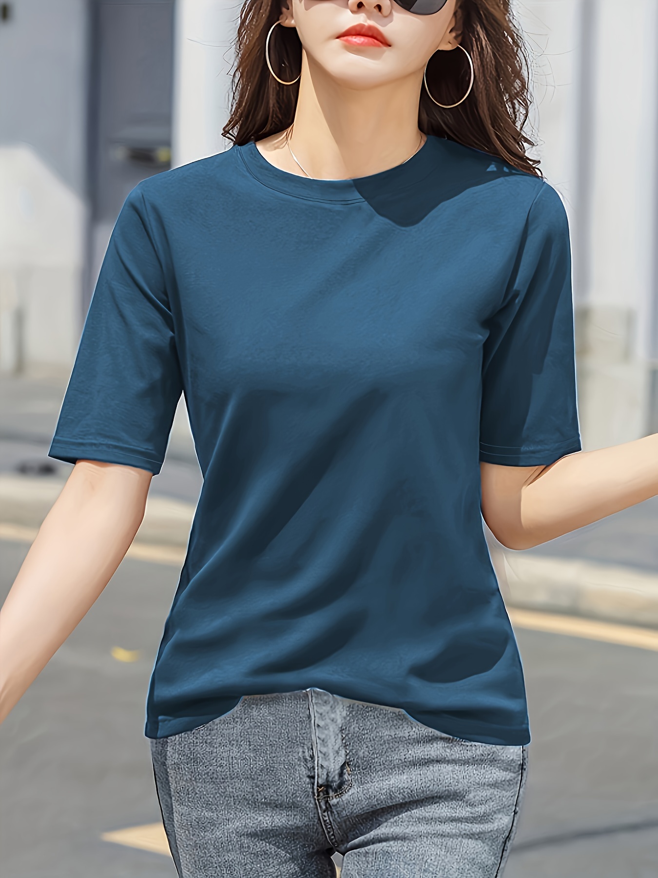 Women'S Elegant Solid Color Crew Neck T-Shirt, Short Sleeve Casual Summer Top, Lightweight Polyester Fabric, Regular Length, No Stretch, for Casual Attire