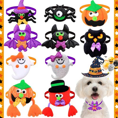 5pcs halloween glitter felt pet collar charms bat pumpkin ghost owl decor neck ornaments with adjustable elastic band cute holiday neck additions for small dogs cats yorkie maltese chihuahua seasonal pet photography