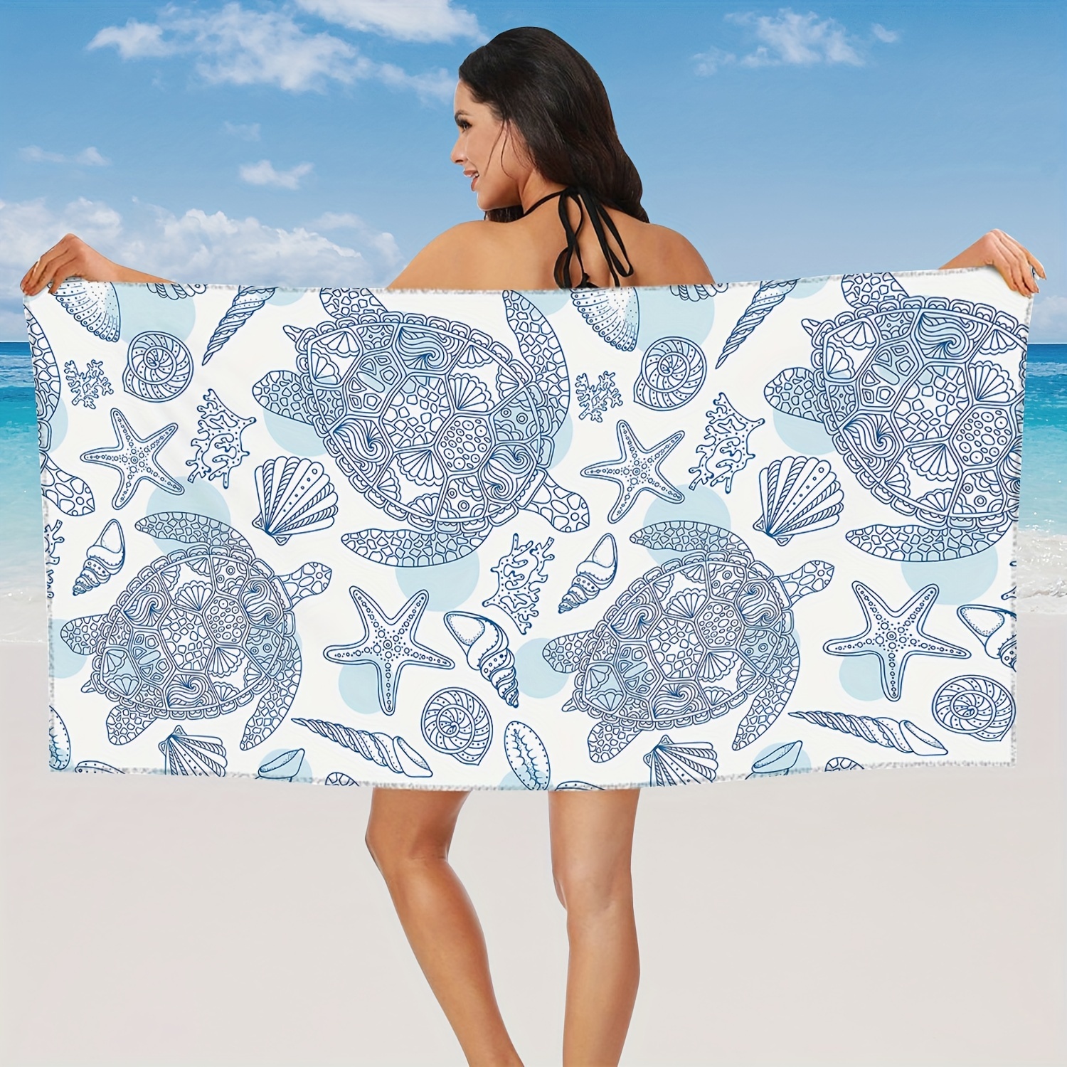 

1pc Modern Abstract Marine Microfiber Extra Large Beach Towel, Sea Turtle Starfish Beach Towel, Lightweight Sandproof Quick-drying Washable Absorbent Bath Towel