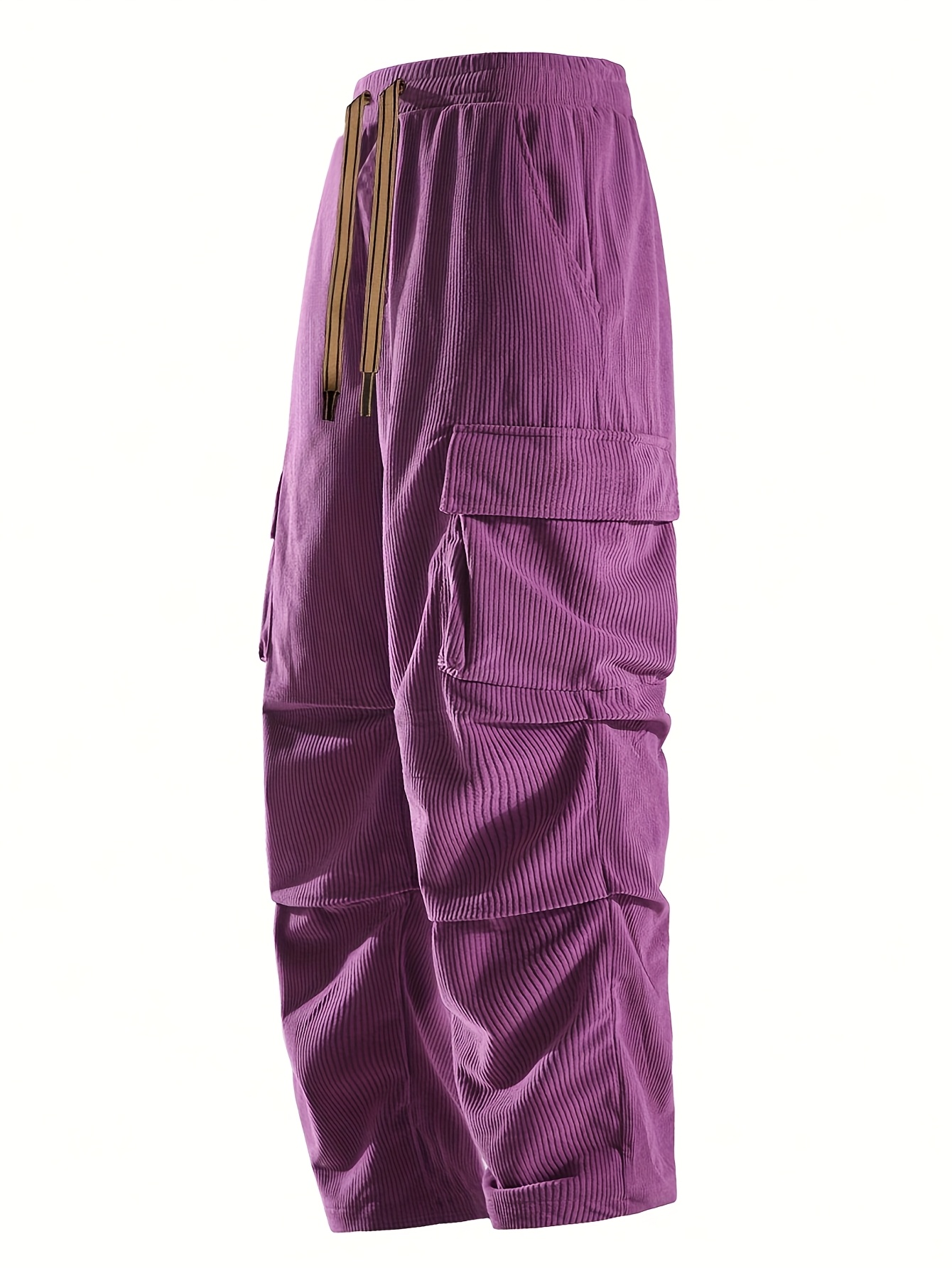 men's corduroy straight leg cargo pants purple elastic waist