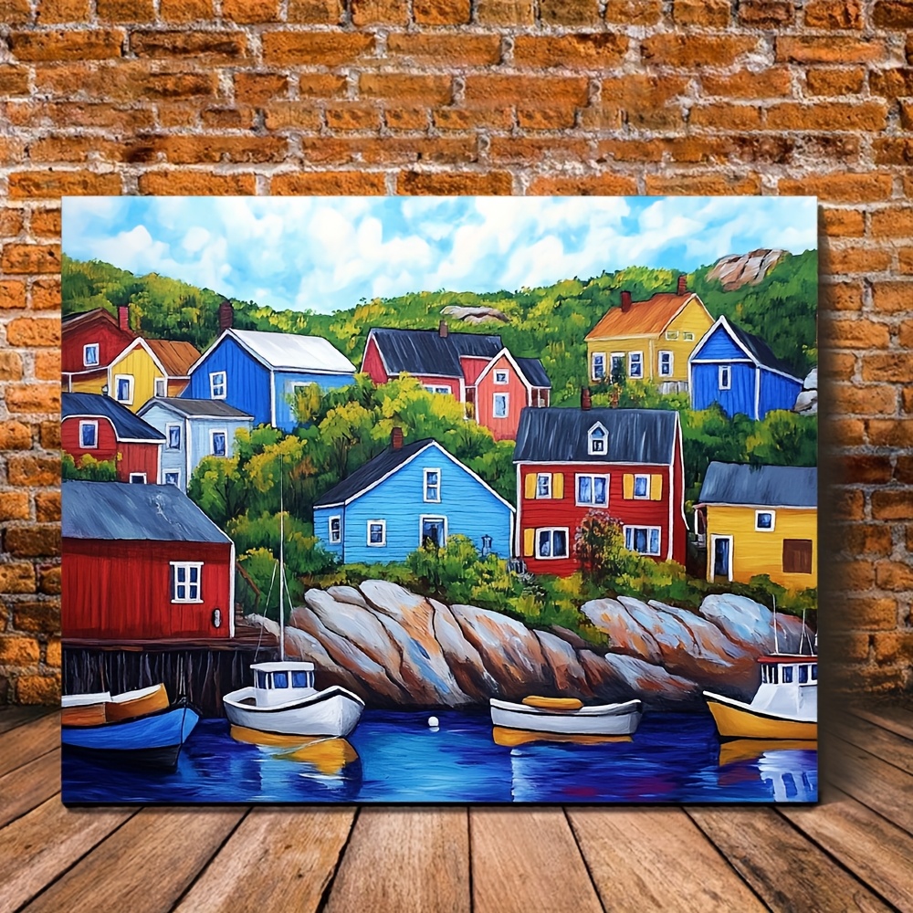 TEMU 2D plat, 1 pièce encadré - Peinture sur toile encadrée en bois 11.8X15.7" (30X40) Maisons colorées et bateaux sur rocheuse - et Labrador adaptée