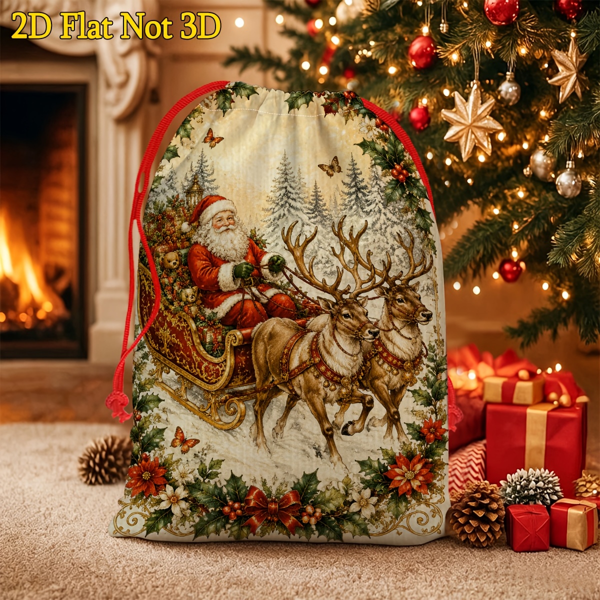 TEMU 2d Flat, 1pc, Gift Bags, Santa Claus Sleigh Deer Team, Themed Gift Storage Bags, Holiday Packaging Decorative Gift Bags, For Gifting, Adjustable