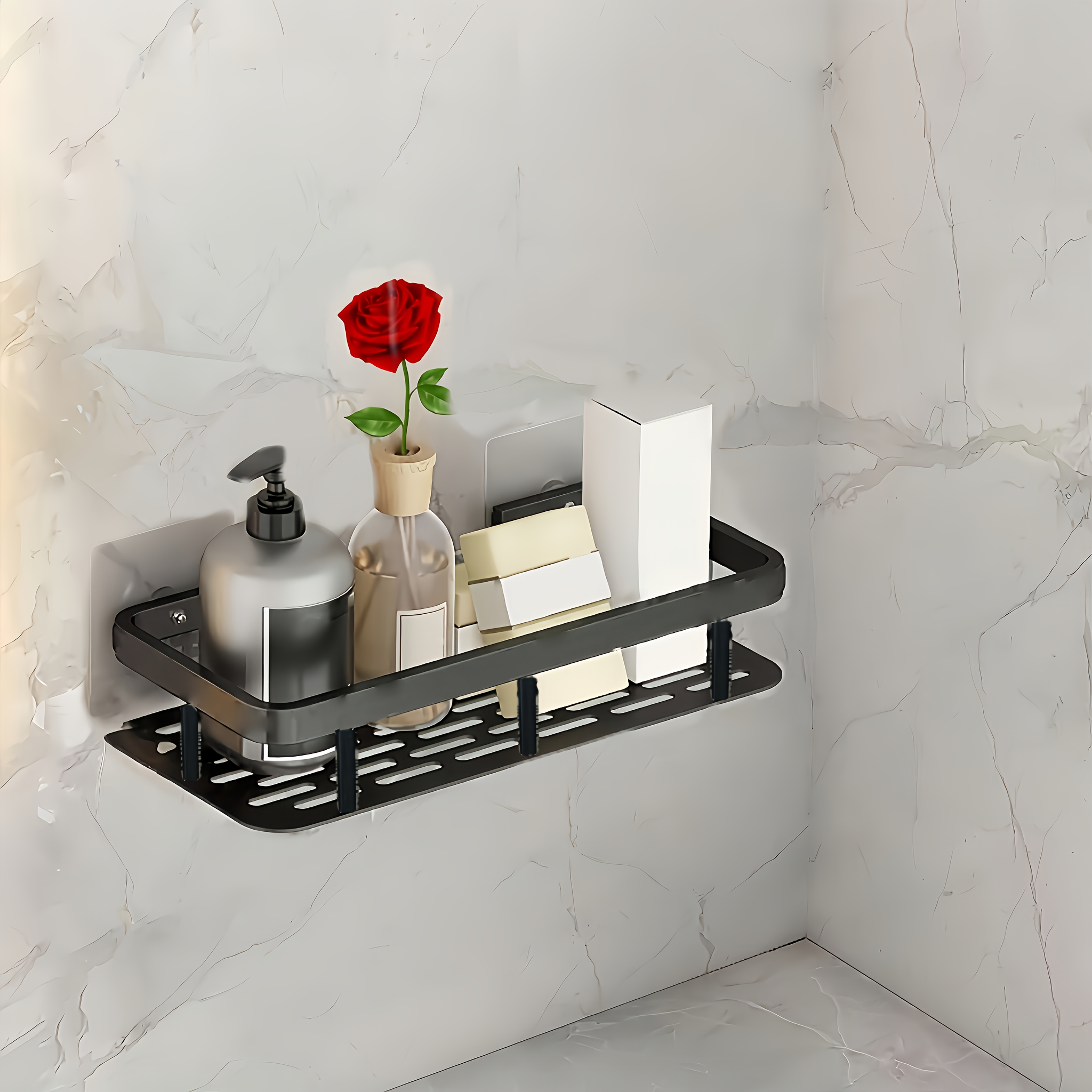 Image of Large Capacity Wall-mounted Shower Caddy, No Drill Installation, Space- Floating Shelf For Bathroom And Kitchen, Plastic Organizer For Toiletries, Cosmetics And Additions, Shower Caddies