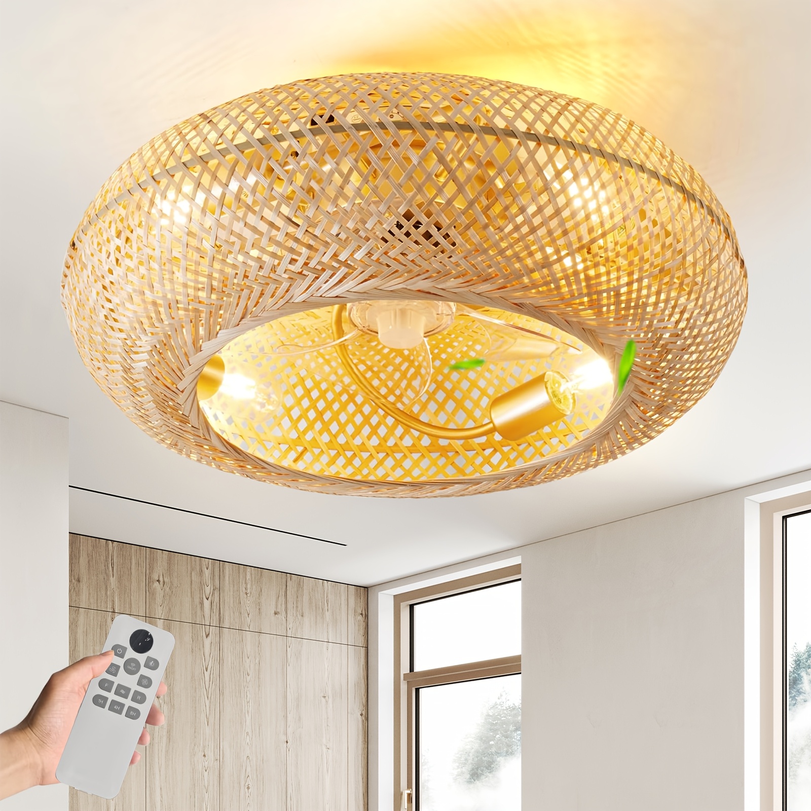 Image of (without Light Bulb) Boho Ceiling Fans With Lights And Remote Control, Rattan Caged Flush Mount Ceiling Fan With Light, Enclosed Timing 6 Reversible For Living Room Bedroom Dining Room