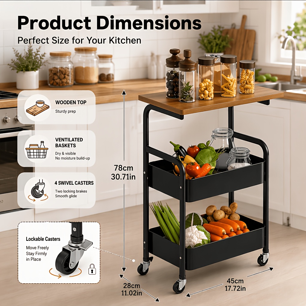 TEMU Multifunctional Three-layer Rolling Cart, Multifunctional Storage Rack, Snack Rack, Portable Wheels, Suitable For Kitchens, Households Or
