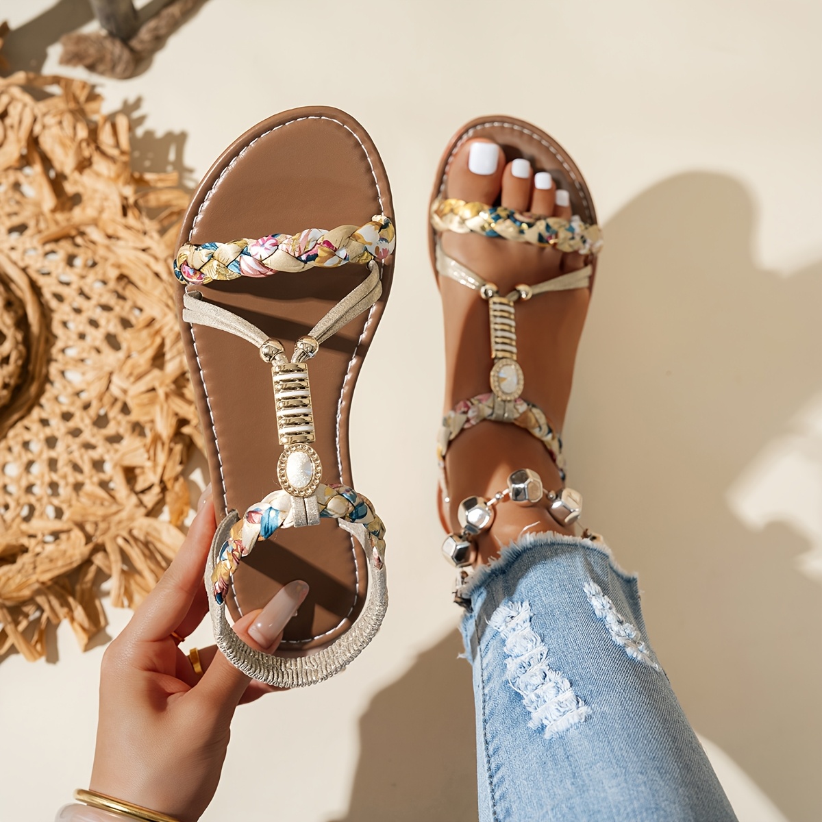 TEMU Summer Women's Sandals, 2026 New Single Button Flat Sandals, Casual Wear, Comfortable Lining, For Daily Commuting, Women Shoes