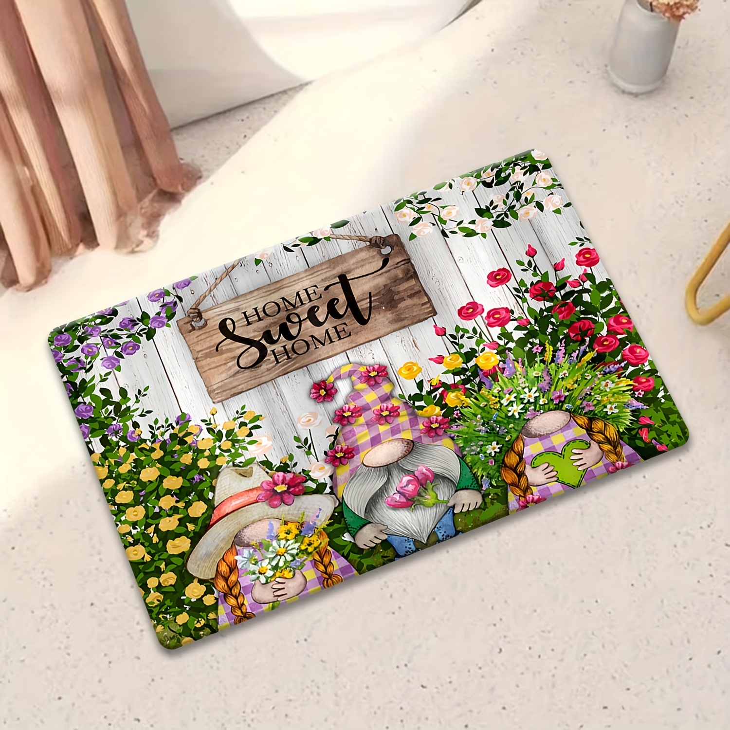 TEMU 1pc Flannel Material Anti-slip Mat, Wood Grain , Happy Gnome Gardener Photo Pattern Door Mat, Machine Washable Non-fading, Suitable For Kitchen,