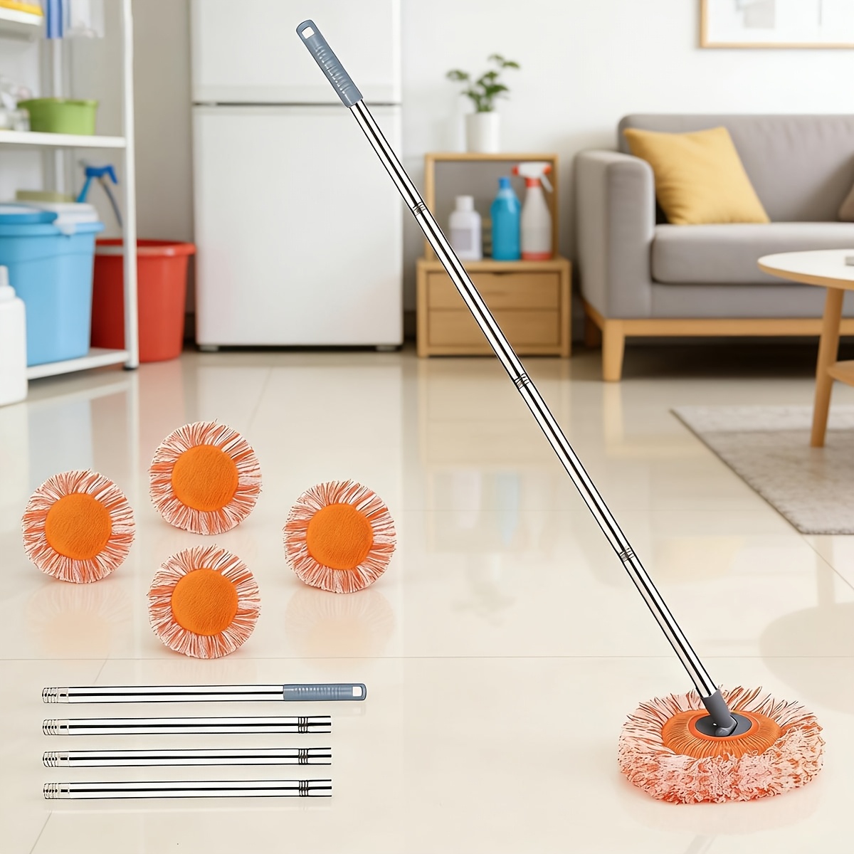 TEMU 8pcs Mixed Set, 360-degree Swivel Adjustable Mop Set, Includes 4 Mop Heads + 4 Telescopic Poles, Suitable For Various Cleaning Such As Floors,