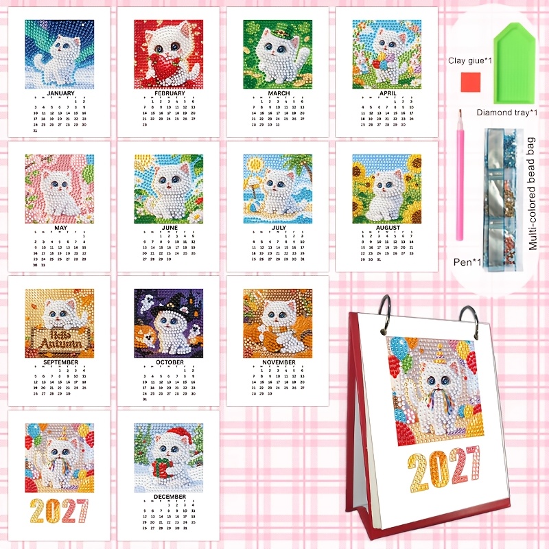 TEMU 1pc 2027 Cute Cat Diamond Painting Diy Holiday Series Pattern Calendar, Mini Desktop Calendar, Desk Calendar, Creative Handmade Office Desk