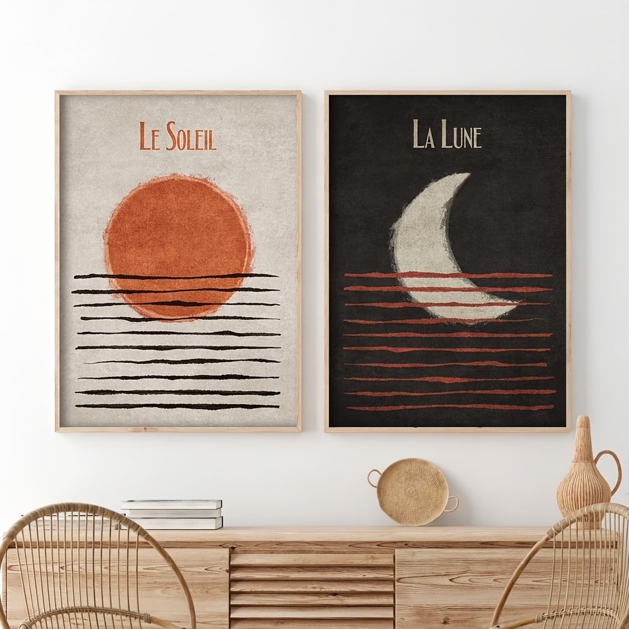 TEMU Sun And Moon Wall Art Set Of 2, Day And Night Art Canvas Painting, Mid Century Landscape Print Poster, Burnt Orange Wall Decor, Unframed