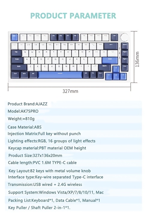 ak75pro tri mode rgb wireless wireless mechanical keyboard 75 key with hot swap blue green switches usb c rechargeable backlit customizable layout dark greenish black light blue white details 5