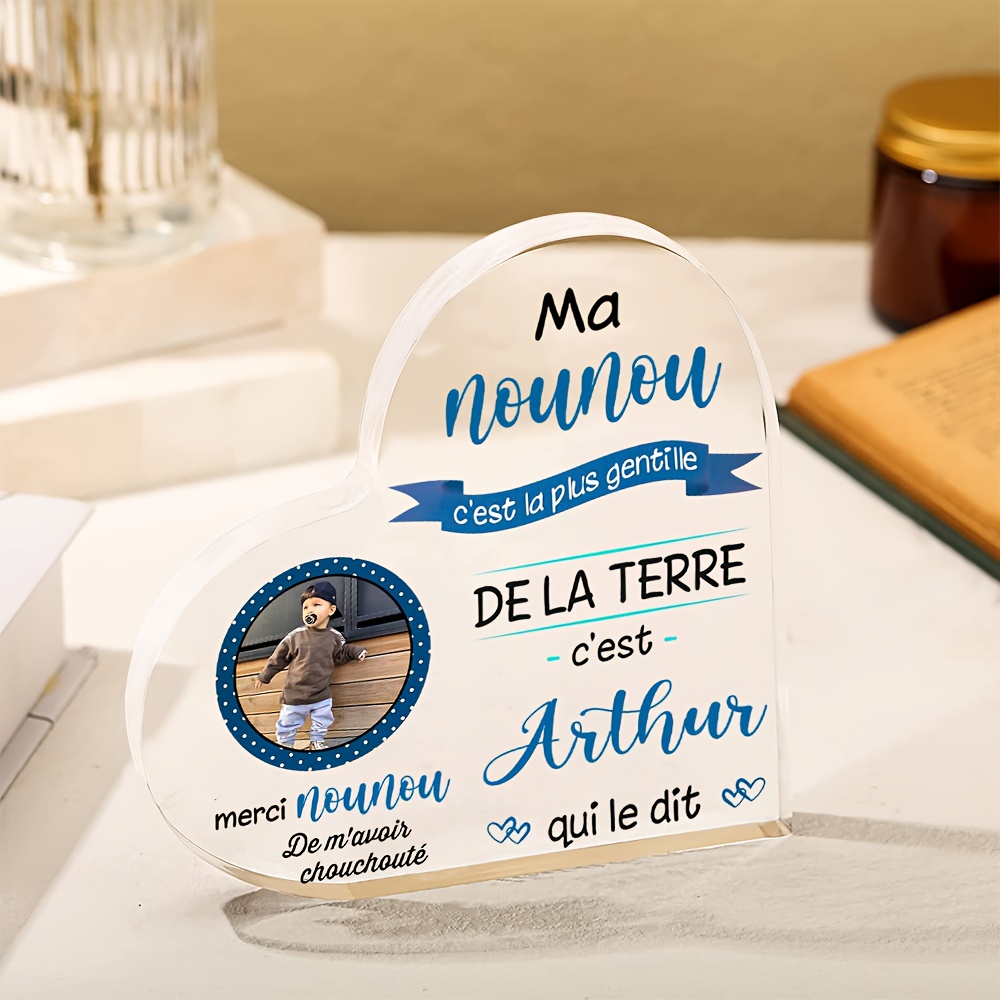 TEMU Plat 2D, Plaque Acrylique Personnalisée Plate 2D de Cœur - Nom et Photo Personnalisables, Motif de de Style Français, Cadeau de pour Nounou,