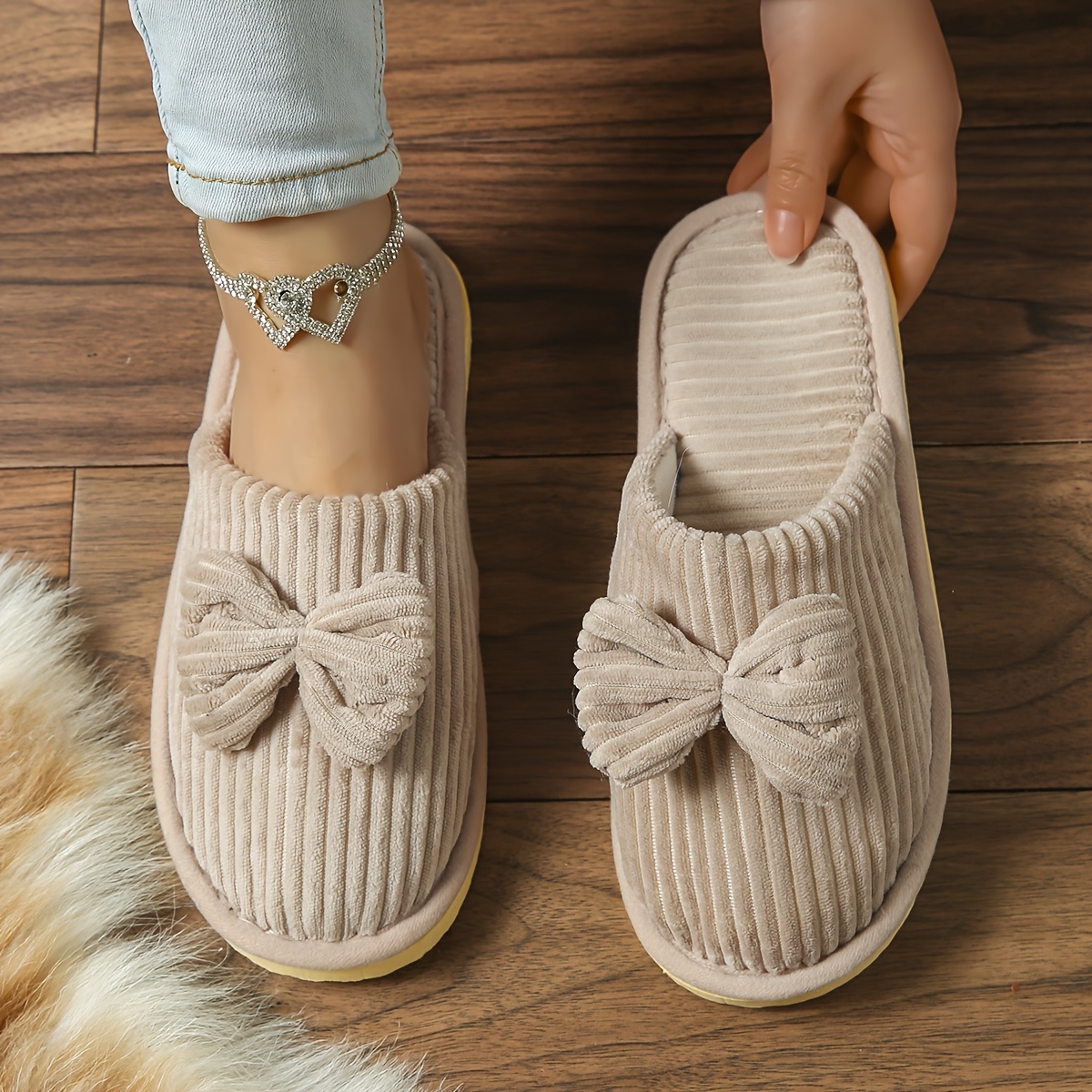 

Chic Striped Bowknot Slippers For Women - Cozy, Warm & Comfortable Indoor Shoes With Non-slip Eva Sole, All