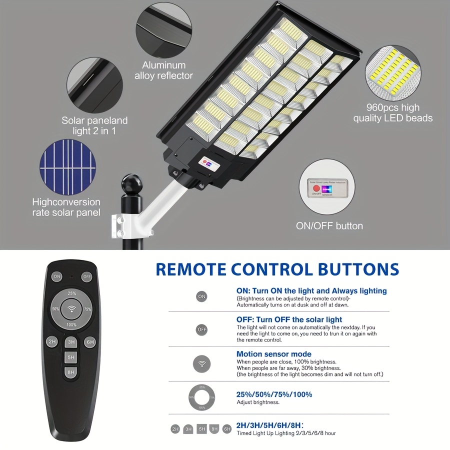 Solar Lights Outdoor for Outside, IP65 Street Lights Outdoor, Battery level indicator, 6500K Dusk to Dawn Solar Security Flood Lights Motion Sensor with Remote Control for Parking lot, 1 Pack