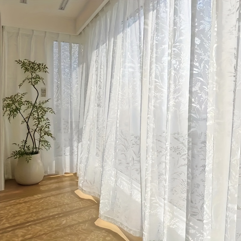 Image of 2pcs French Moonbranch Shadow Romantic Hollow Window Curtain With Top Rod Bag, Suitable For Living Room, Dining Room, Balcony Window Decoration, Office, Etc