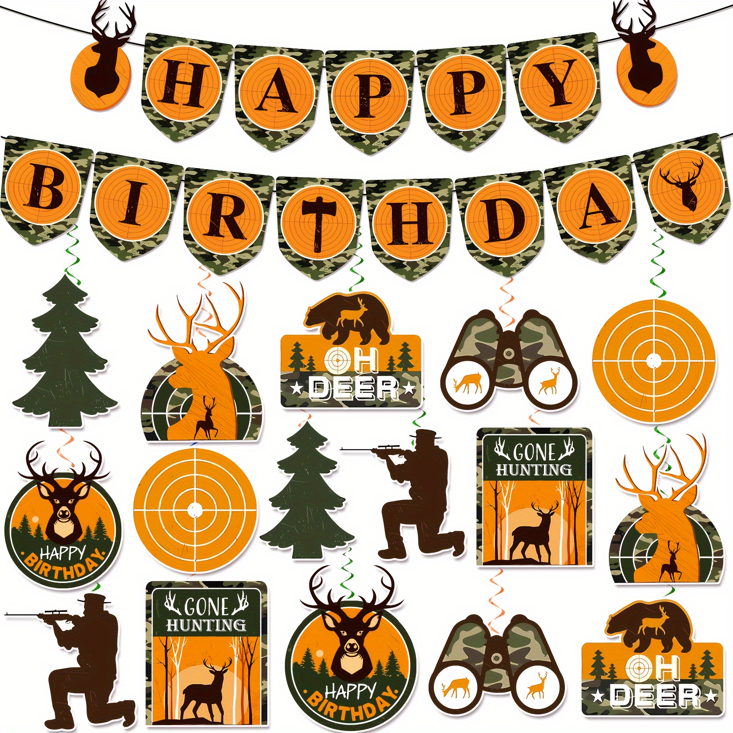 47pcs Hunting Theme Happy Birthday Party Decorations Set - Paper  , Colorful Swirls, Bear, Deer & Tree Cutouts - No Electricity or Batteries Needed - Featherless Hunting Themed Birthday Supplies.