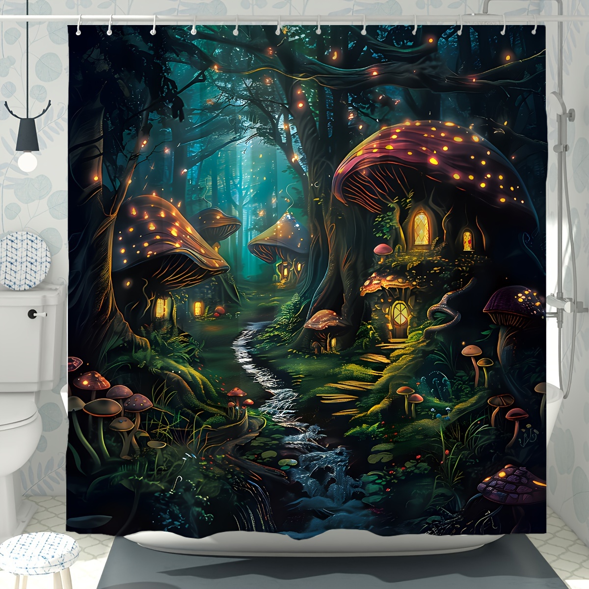 

Forest Shower Curtain - Waterproof Polyester, Machine Washable With 12 Hooks Included, Mushroom & Fairytale Design, Perfect For Bathroom Decor, 71x71 Inches