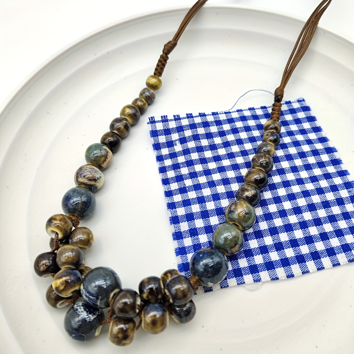 TEMU Collier de perles en céramique de style ethnique bohème, texture de marbre bleu, collier pur fait à , chaîne de pull à longueur réglable,