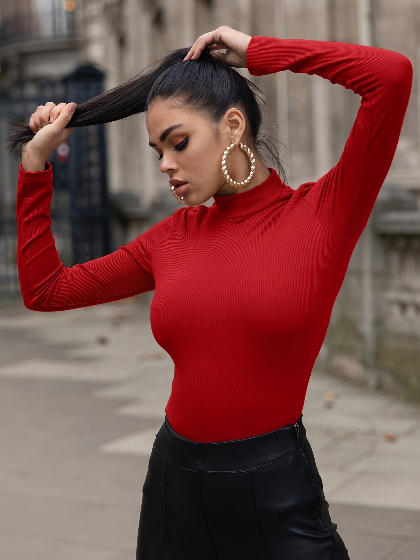 Slim Mock Neck Plain Color T-shirt, Casual Long Sleeve Top For Spring & Fall, Women's Clothing