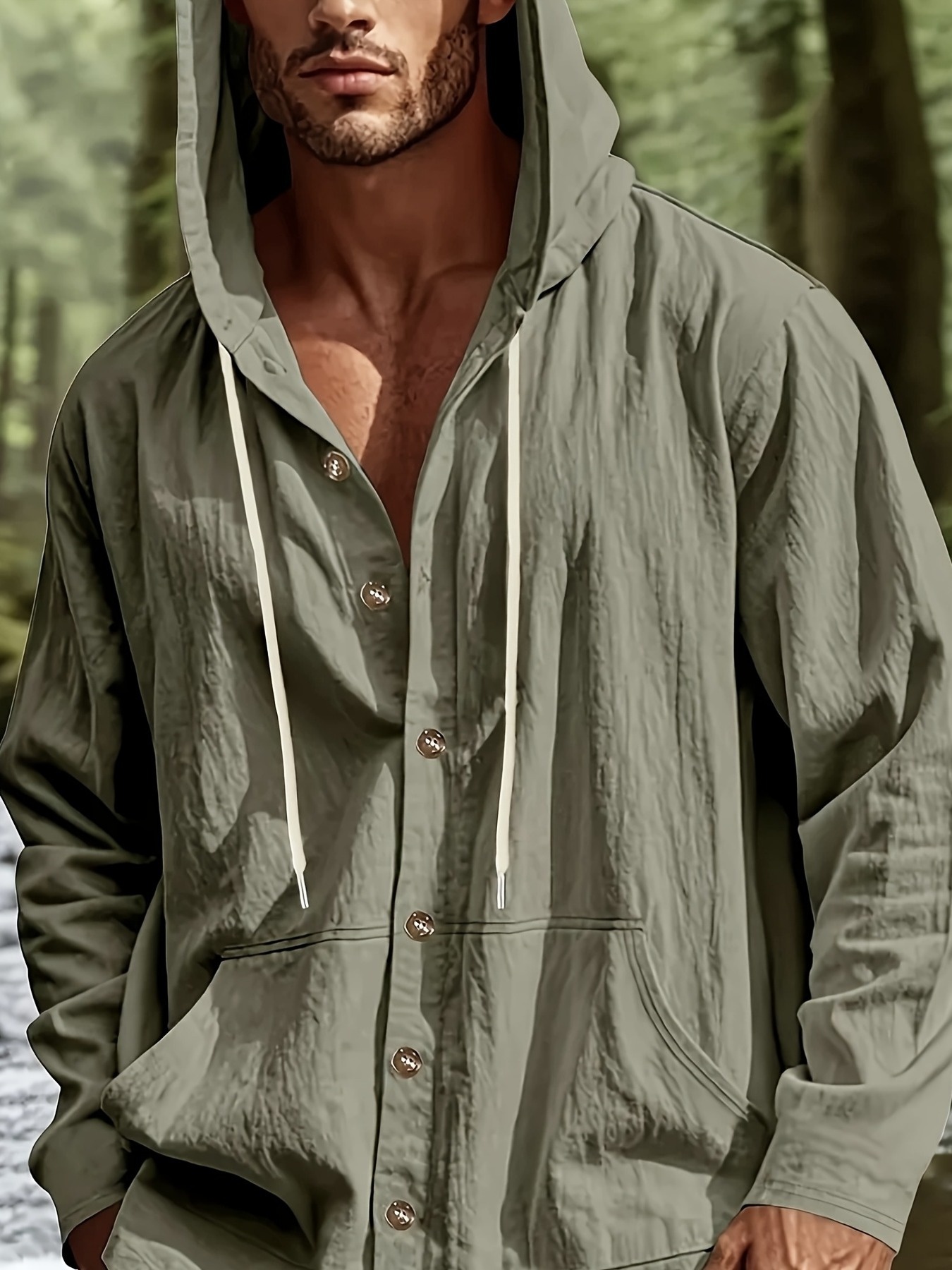 mens casual linen hooded long sleeve shirt breathable solid Temu