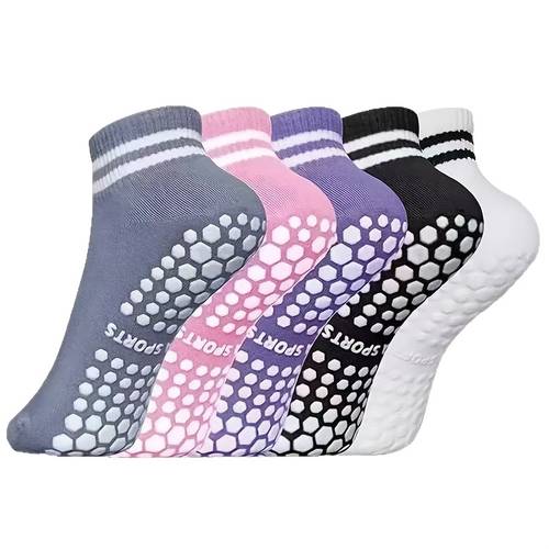 5 pair womens silicone anti slip dance socks suitable for yoga pilates gym floor non skid sole sweat absorbing short socks with striped machine washable for studio training ballet practice