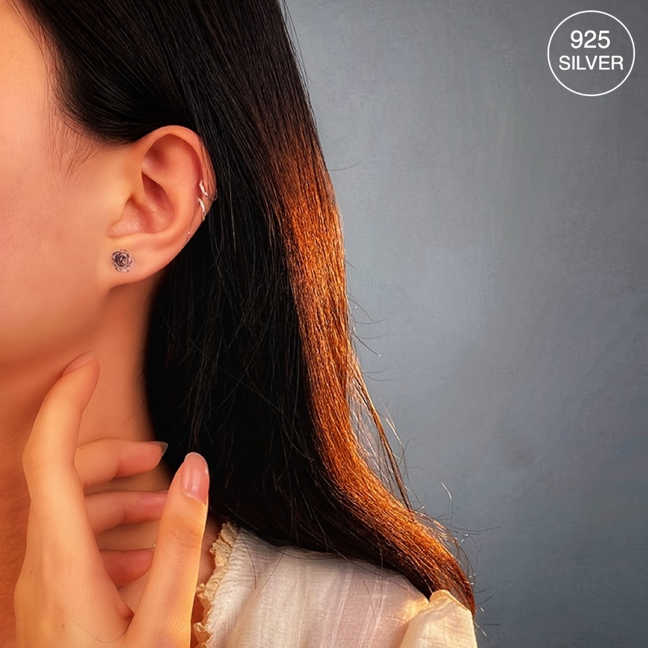 S925 Pure Silvery Flower Style Earrings Low Allergy