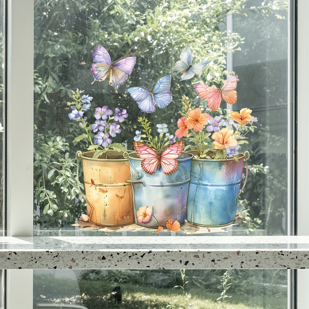 

1pc Glass Potted Window Adsorption Film - Anti-collision Window Sticker, Removable Glass Sticker, Flower Window Decal Iron Bucket Simulation Plant, Home Decor Window Adsorption, Double-sided