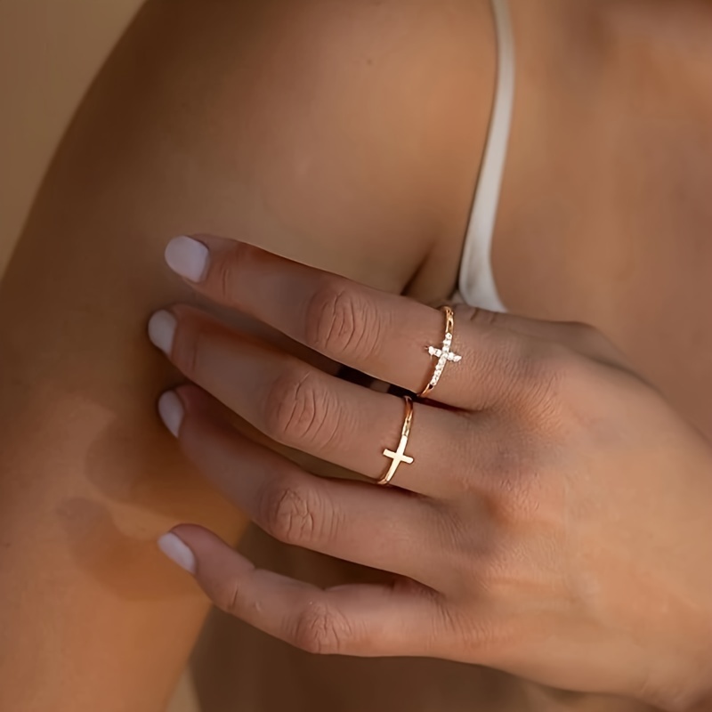 minimalist style cuff ring 24k gold plated trendy cross design paved rhinestone match daily outfits party accessory adjustable jewelry details 0