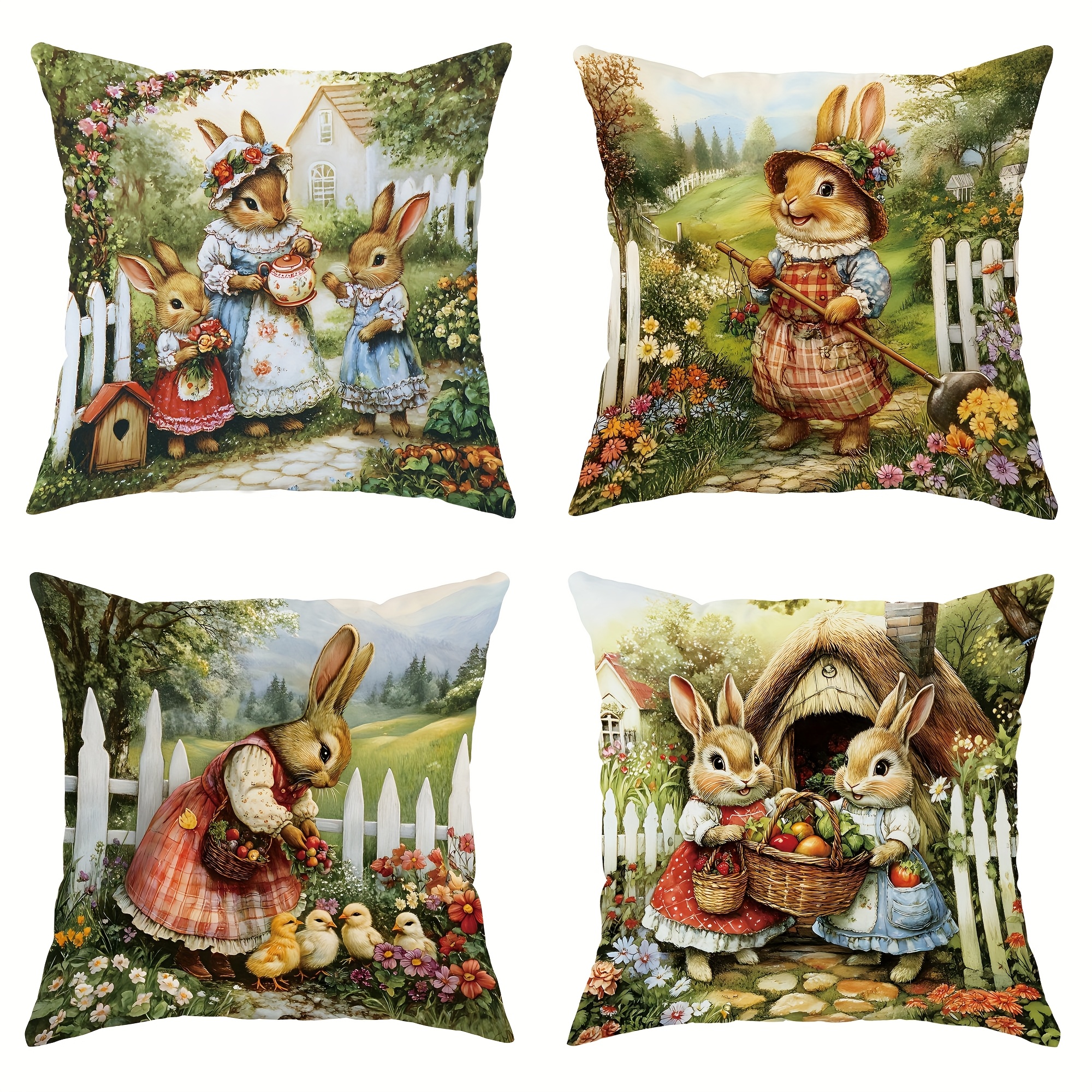 

4pcs décoration de Pâques lapin œufs de Pâques floral velours housses de coussin broderie bleu taies d'oreiller décoratives impression d'un pour salon chambre canapé-lit décor inserts de coussin