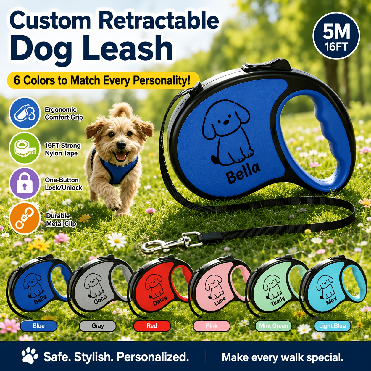 Personalized Stretch Pet Leash with Customizable Name