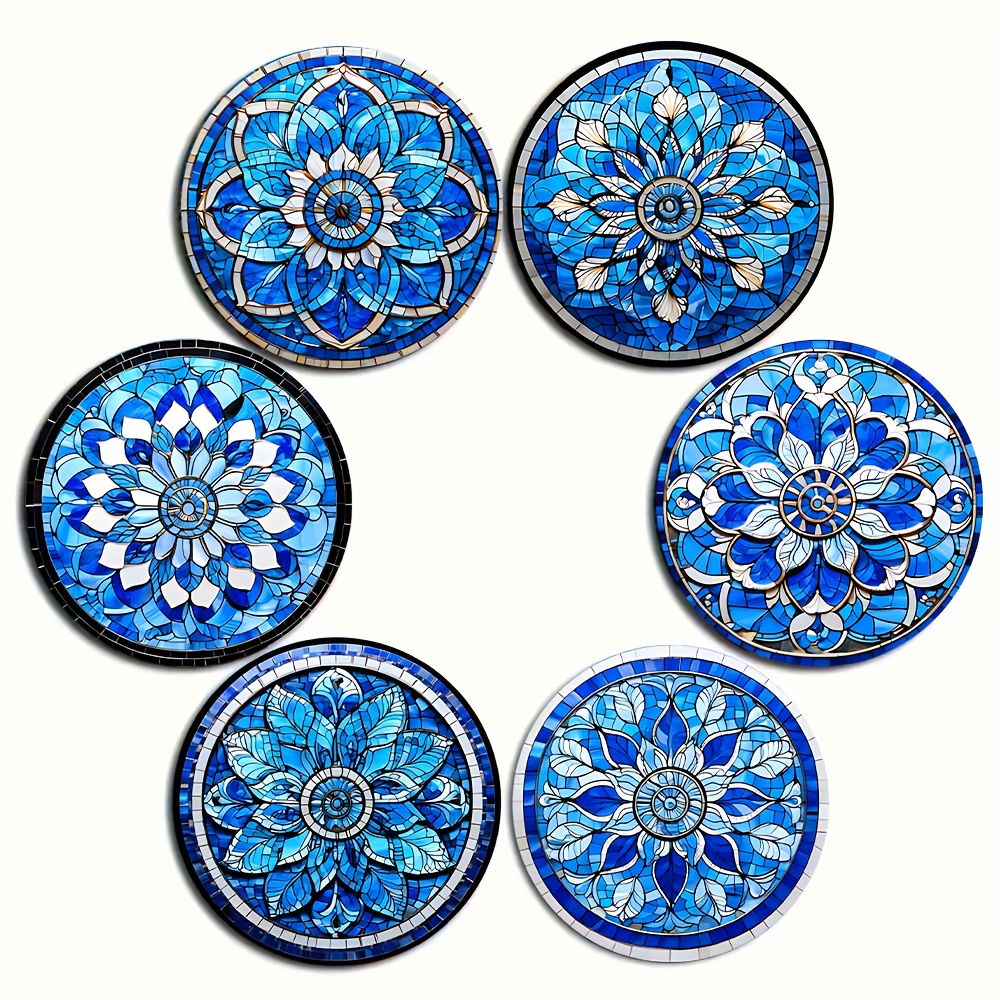 TEMU 6pcs Set Mandala Flower Pattern Heat-resistant Synthetic Wood Coasters, Non-slip Kitchen Accessory Set, Decor, Holiday Tableware Gift Set Coffee