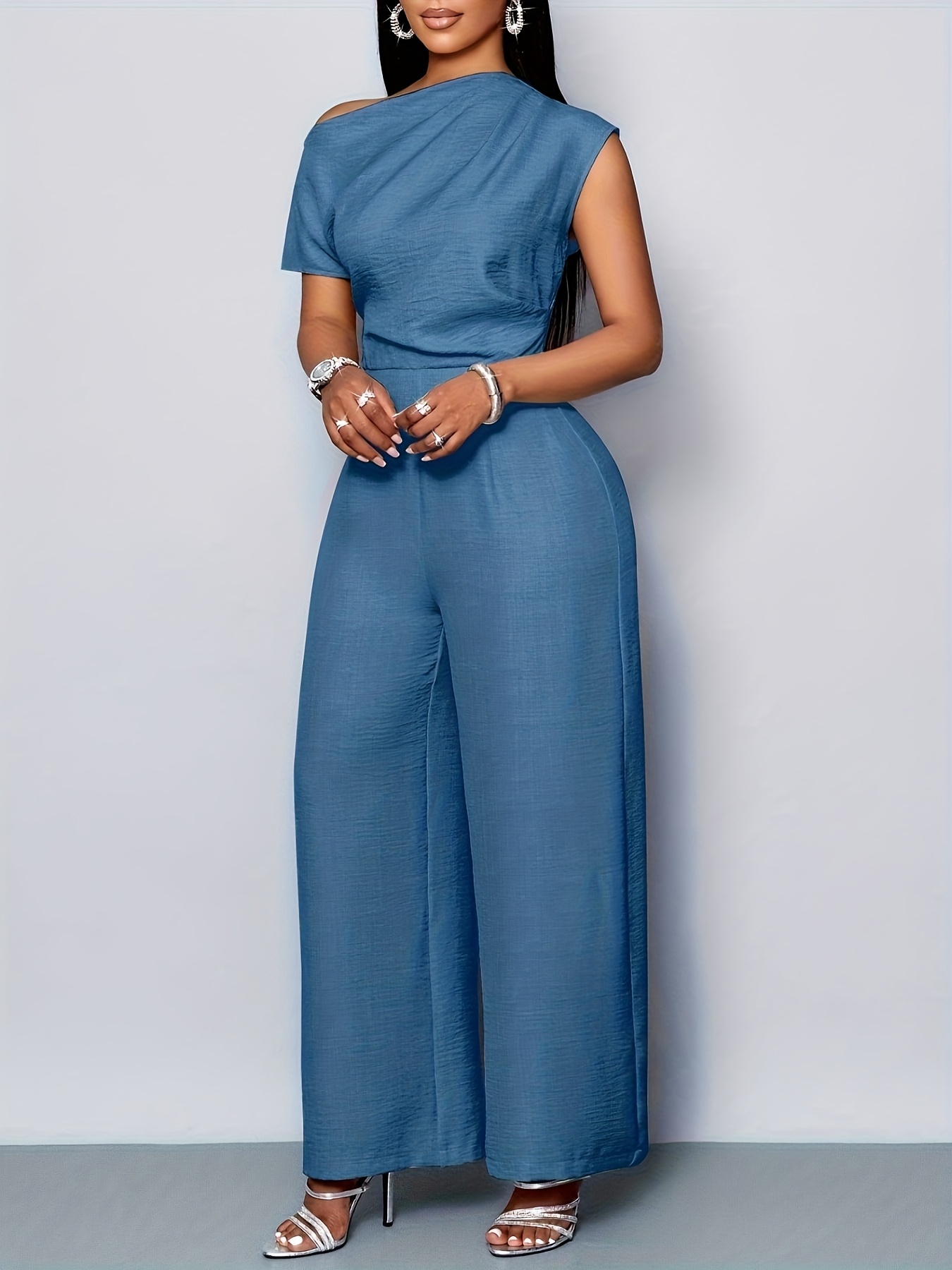 womens elegant solid wide leg jumpsuit with asymmetric one shoulder neckline short sleeve matching outfit machine washable   wedding guest   attire