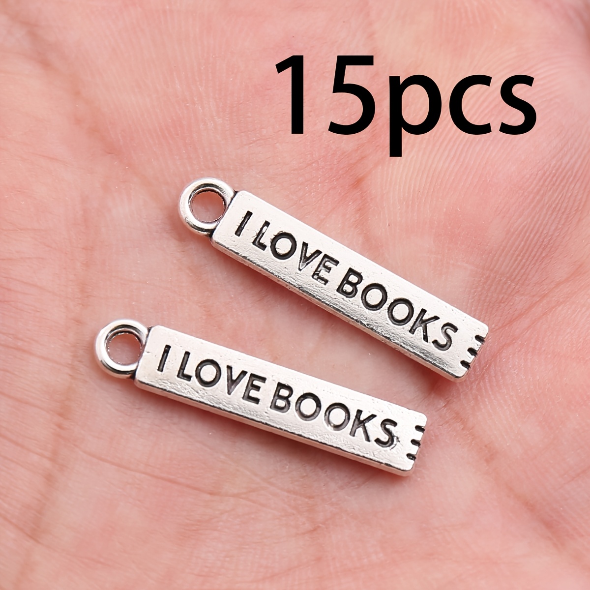 TEMU 15pcs Retro Distressed Text Rectangular Charms, Single-sided Engraved "i Love Books" English Minimalist Book Spine Texture Design, Suitable For