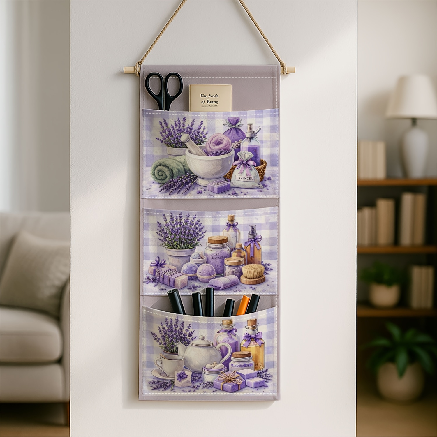 TEMU Borsa portaoggetti da parete vintage alla lavanda, 1 pezzo - Tipo sospeso - Design con teiera e barattolo di lavanda, aggiunte salvaspazio per