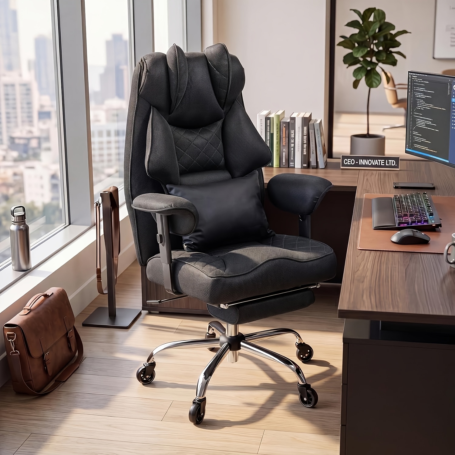 Image of Ergonomic Office Chair Up To 200kg, Xxl Executive Chair With Footrest, Desk Chair -shaped Seat Cushion, Height-adjustable, Thick Swivel Chair For Home Office