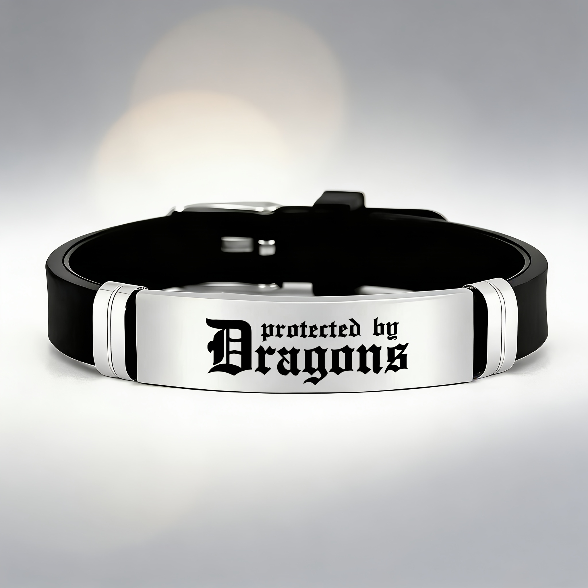 TEMU Protected By Dragons Gothic Personalized Cool Design Additions, 202 202 Stainless Steel Silicone Bracelet, Perfect Gift For , Family And