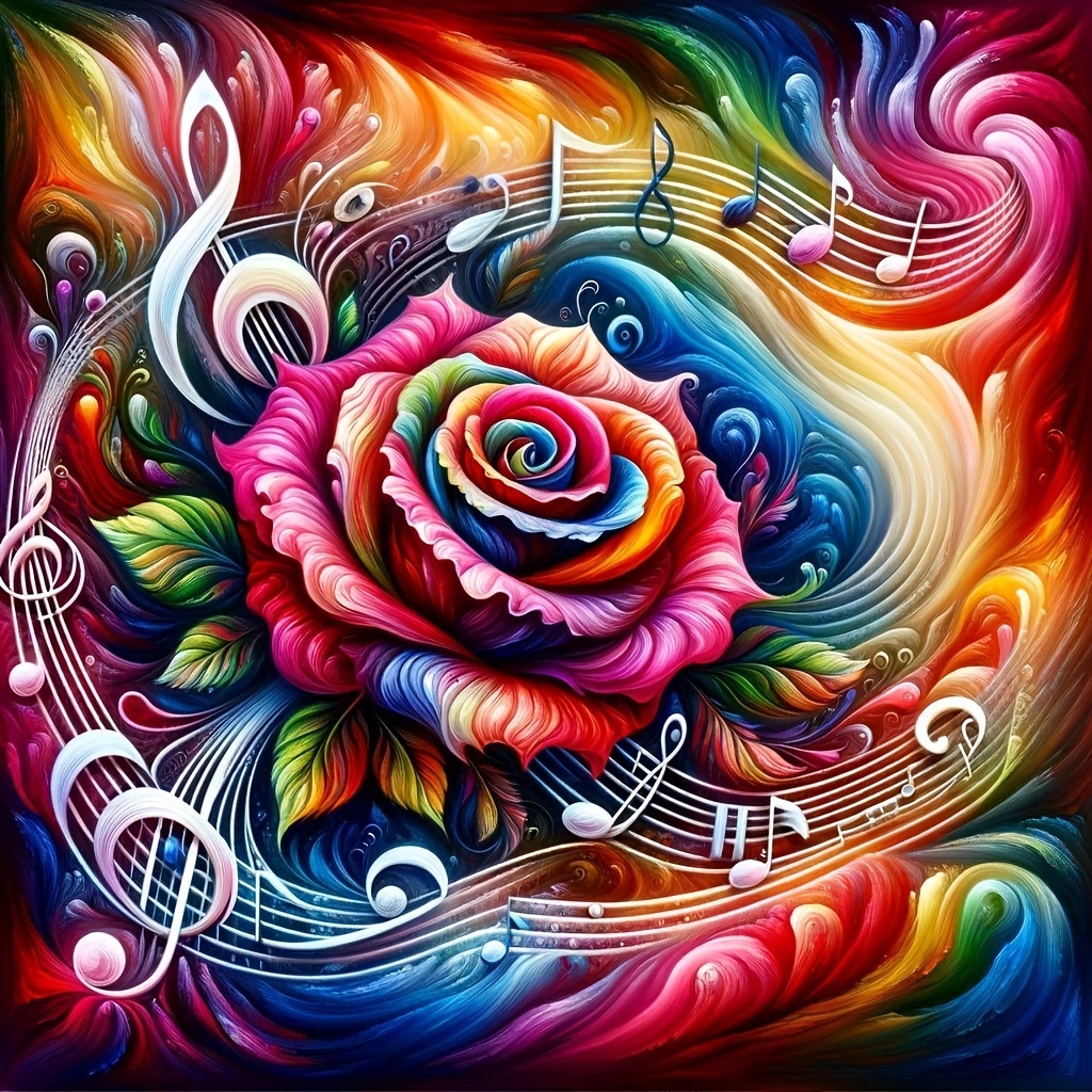 

5d Diamond Painting Kit - Colorful Flower And Music Notes Design, Round Diamond Art Canvas For Diy Home Decor, 11.8x11.8 Inches