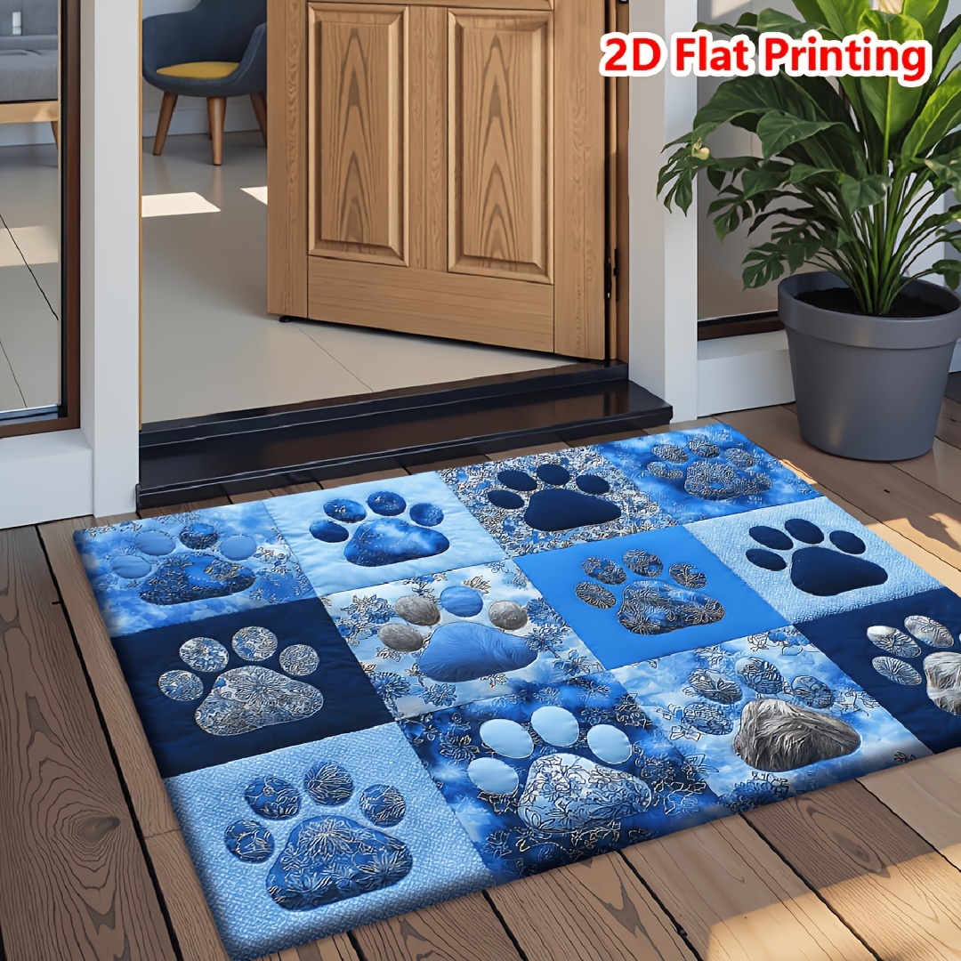 TEMU 1pc 2d Flat Printing Flannel Material Door Mat, Outdoor Courtyard Door Mat, Fun Door Mat | Blue- Paw Print Pattern Printed Mat, Suitable For
