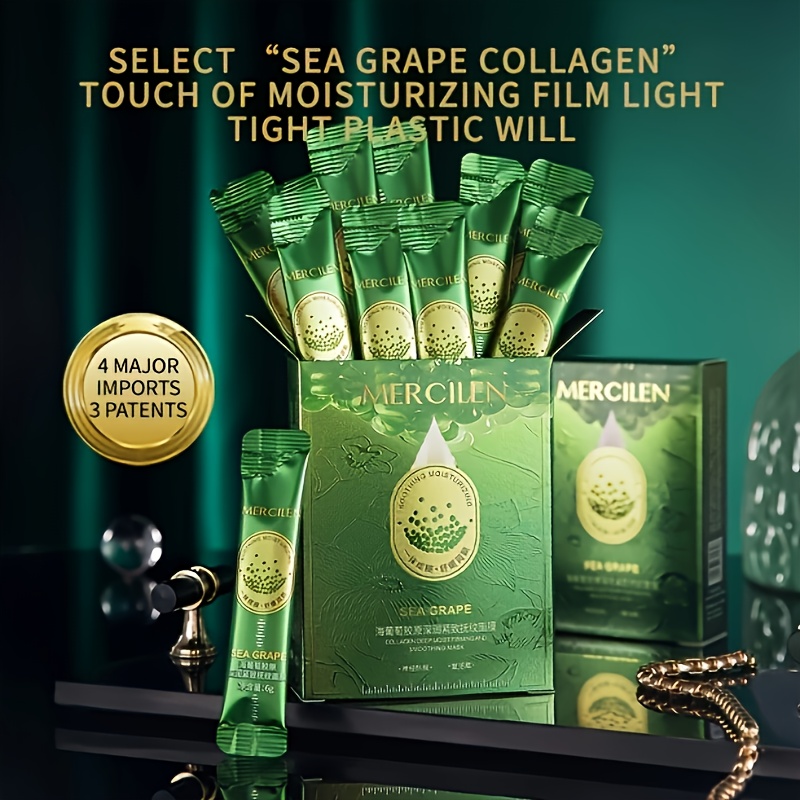 10pcs Sea Grape Collagen Moisturizing Facial Mask -10pcs Of Moisturizing, Alcohol Free, Suitable for All Skin Types, Containing Aloe And Vitamin E, Nourishing And Skin Care, Moisturizing And Tearing Facial Mask