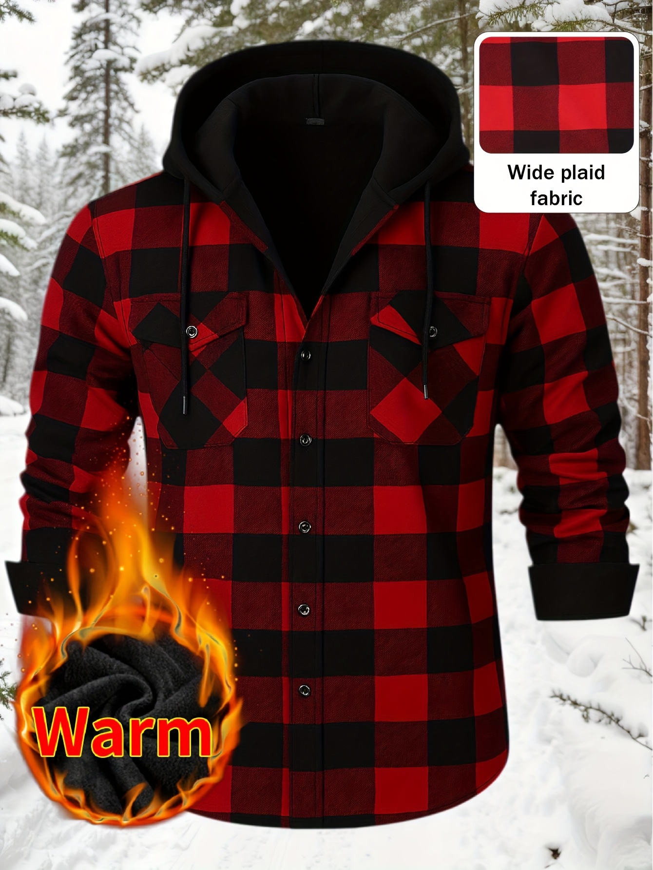 Thermisch werkschort met capuchon voor heren - Heavy-duty fleece gevoerde winterjas met ruitpatroon, volledige ritssluiting aan de voorkant, lange mouwen