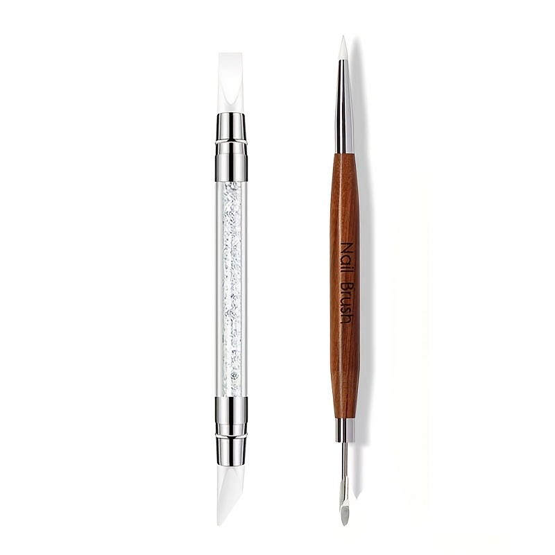 Image of 2pcs Set Double-ended Sandalwood Handle Nail Art Brush And Brush, Carving Brush, Embossing Brush, Color Painting, Mixing And Brush, Professional Nail Art Tools