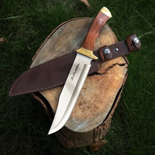 hunting knife full tang 14 inch fixed blade knife with wood handle camping knife with leather sheath for outdoor survival camping and hiking