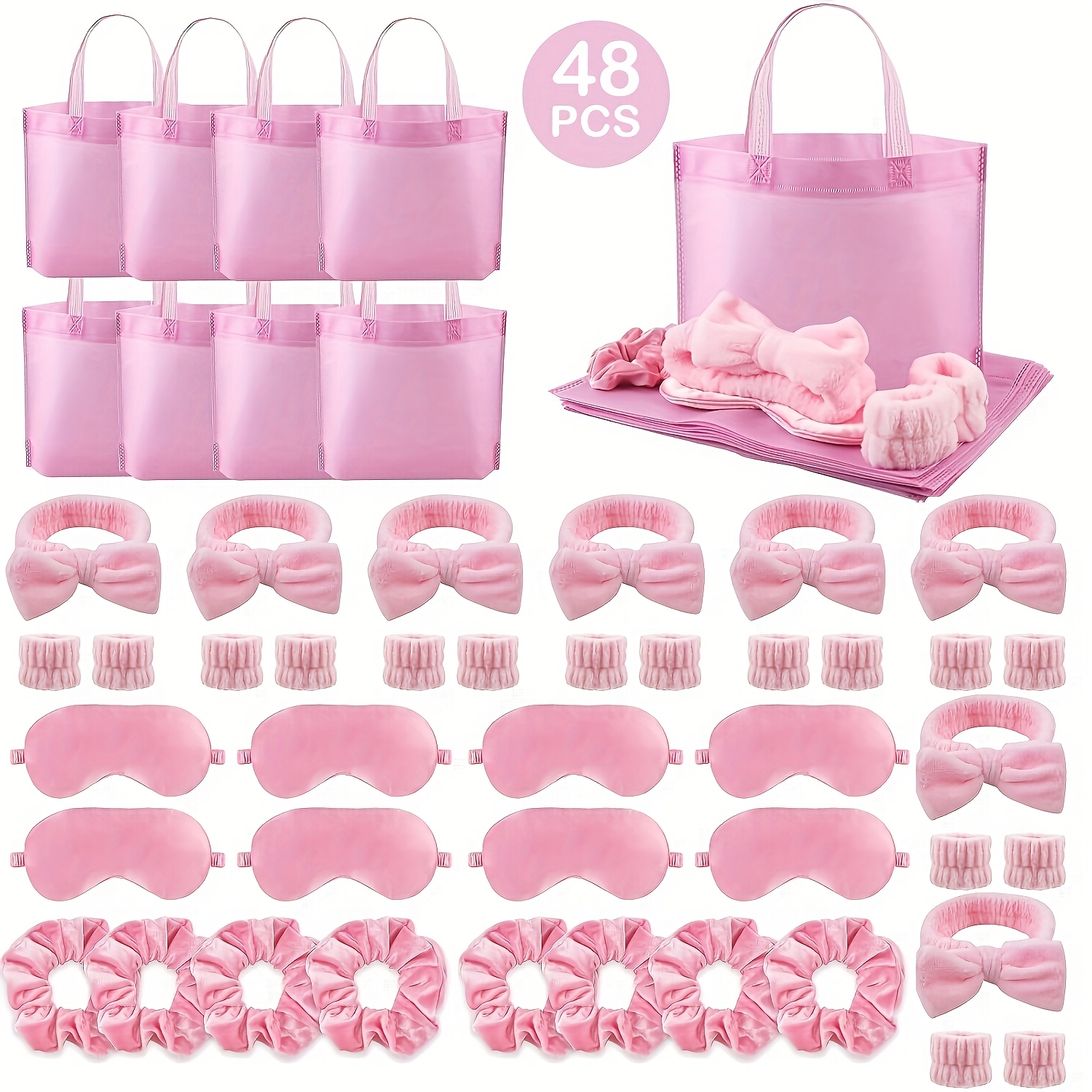 48pcs Pink Women' Sleepwear Party Supplies - Includes 8 Skincare Headbands, 8 Large Hair Rings, 16 Wristbands, 8 Eye Masks, And 8 Handbags - Ideal for Spa Parties, Sleeping Supplies, Party Accessories | Playful Party Supplies | Polyester Fabric