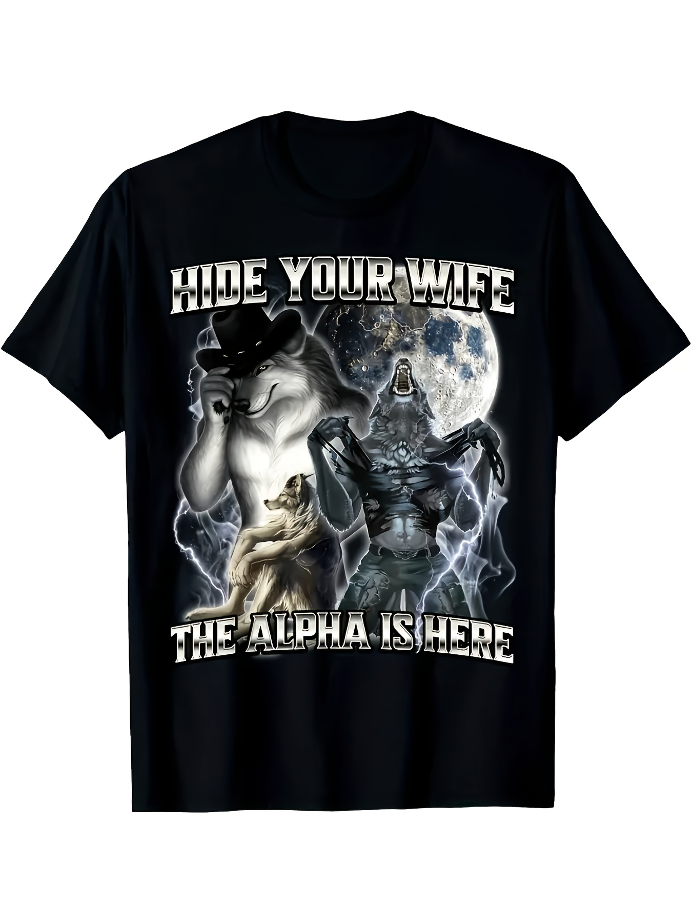 mens hide your wife   is here graphic t shirt black with wolf skull design   white text casual crew neck     fit wolf shirt black 0