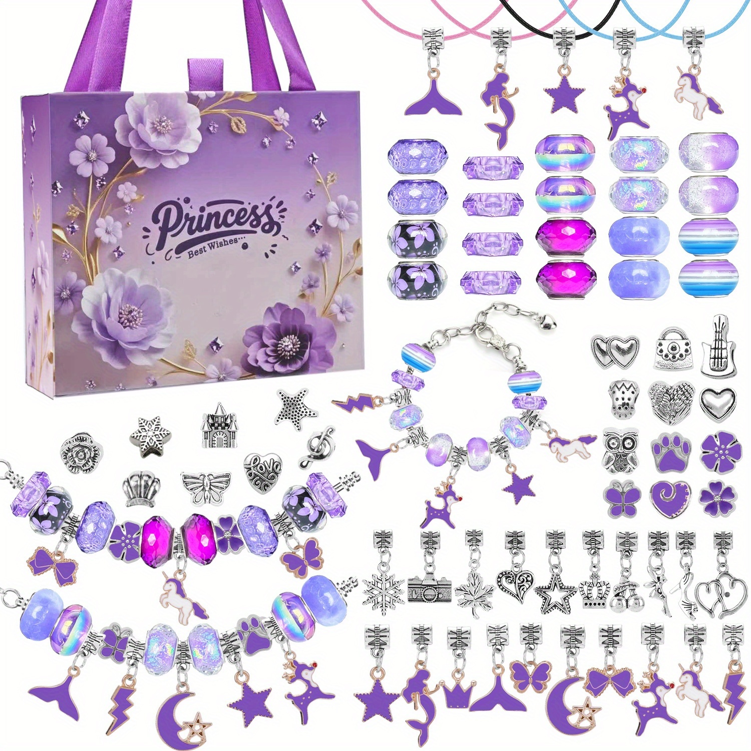 E-shop 67-teiliges lila Perlen-Armband-Bastelset mit lila Geschenktüte, Schmuck-Bastelset, lila Perlen Schmuckzubehör, Geburtstags-, Halloween-,