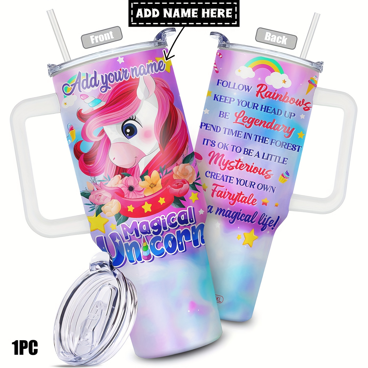 

1pc Personalized Unicorn , 40oz Steel Insulated Cup Lid, -insulated Drinkware, Bpa-free, Reusable, , For Hot & Beverages, For Christmas, ,