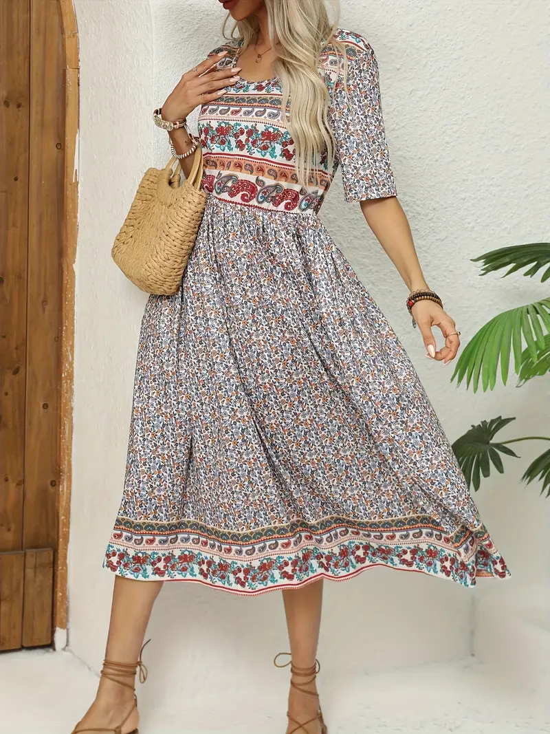 womens casual boho dresses Htnbo Women Summer Dresses Casual Flowy Beach Square Neck Short Sleeve Boho Floral Long Maxi Dress