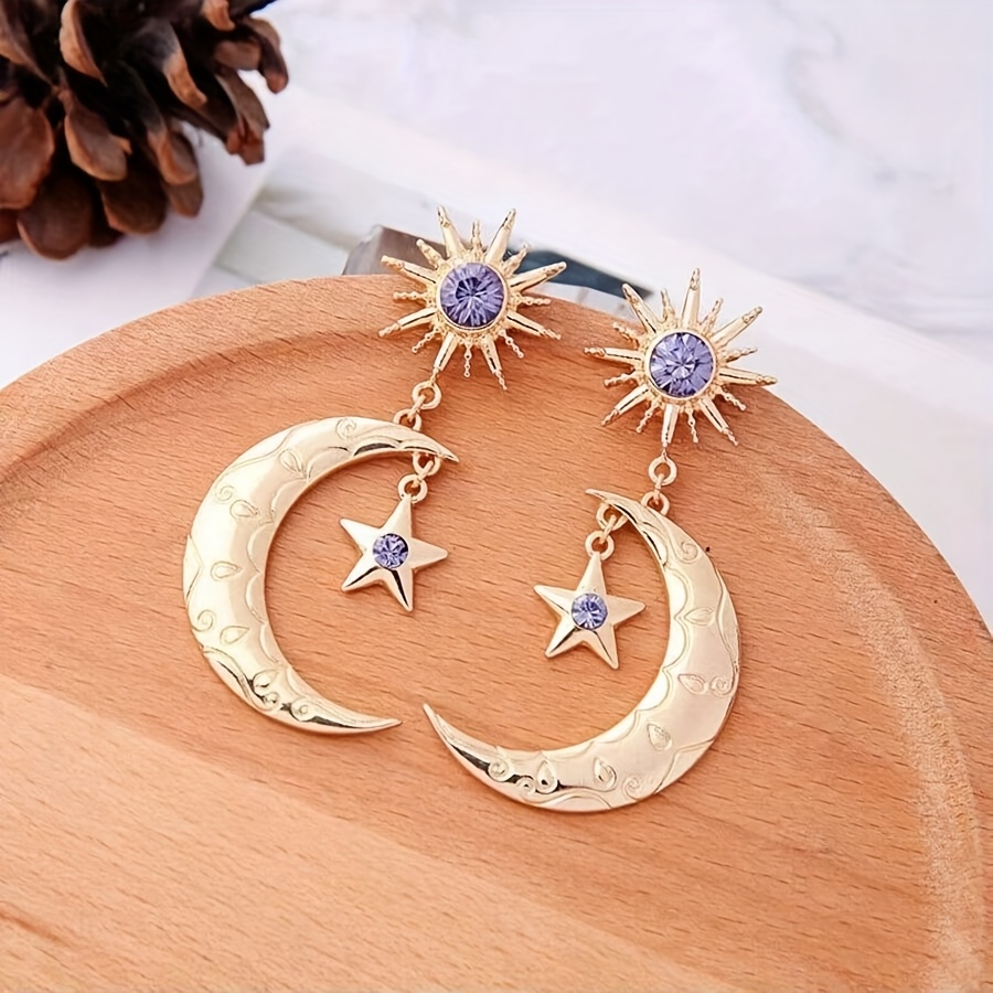 A Pair Of Retro, Simple, Elegant And Goddesses' Niche Design Long Earrings Featuring Sun, Moon And Stars