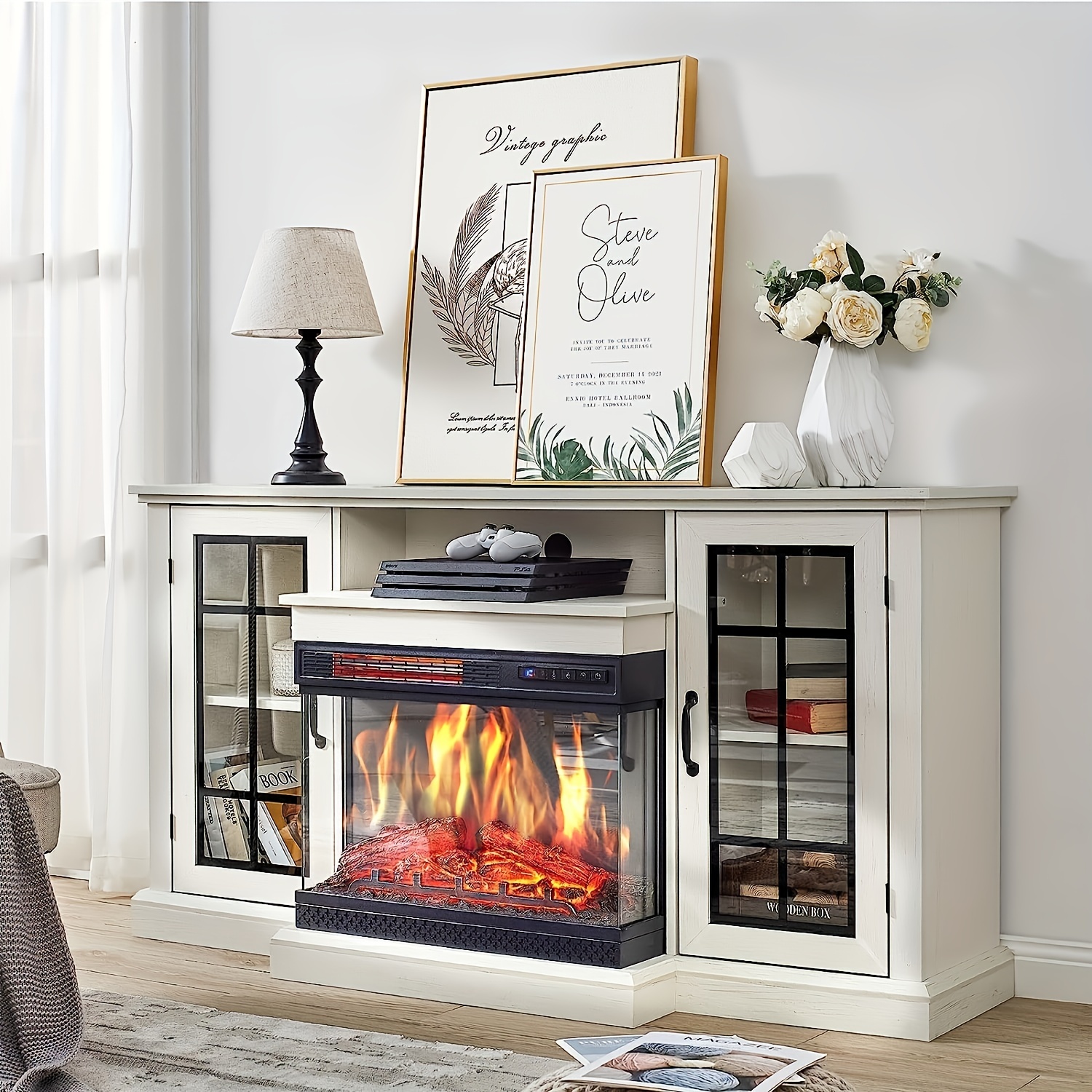 TEMU White Distressed 59-inch Tv Stand With A Fireplace, Featuring Three-sided Glass, In 12 Colors, And Includes Enclosed Storage With Doors, Accommodating Tvs Up To 65 Inches.
