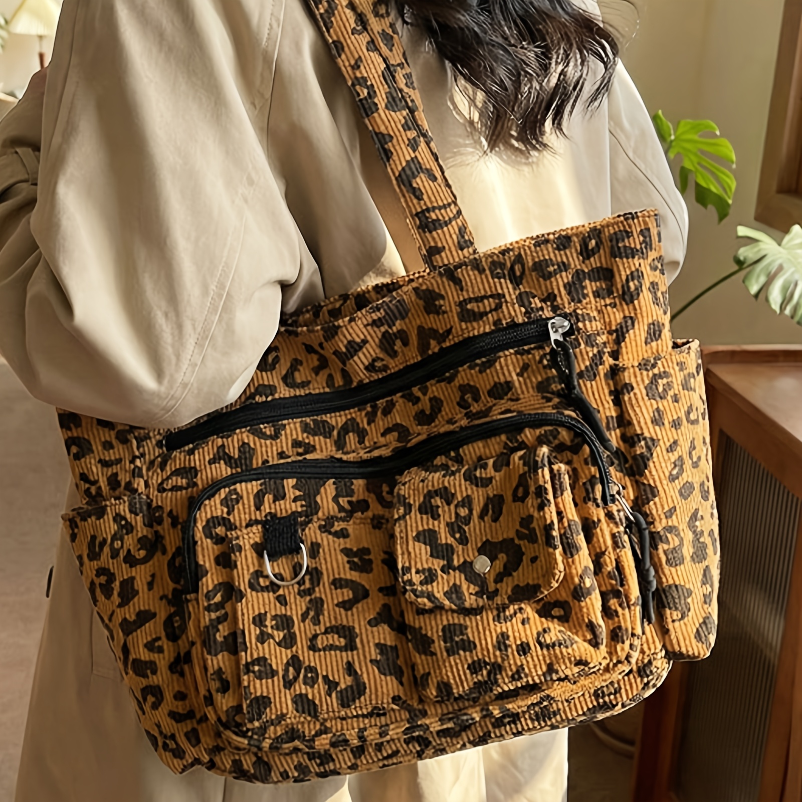 new corduroy fashion vintage style leopard print large - Temu